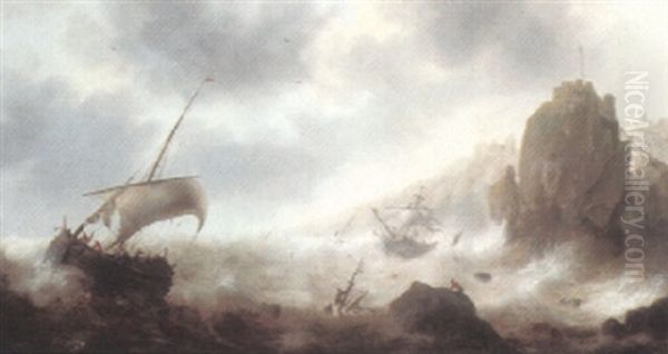 Rocky Coast With Stormy Seas, A Shipwreck And Other Boats - view 1