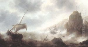 Rocky Coast With Stormy Seas, A Shipwreck And Other Boats by Jacob Adriaenz. Bellevois