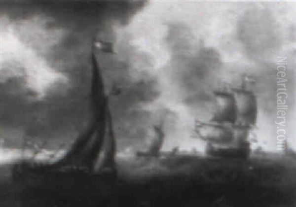 Dutch Shipping In A Choppy Sea With A City In The Distance At Left - view 1