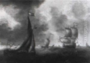 Dutch Shipping In A Choppy Sea With A City In The Distance At Left by Jacob Adriaenz. Bellevois