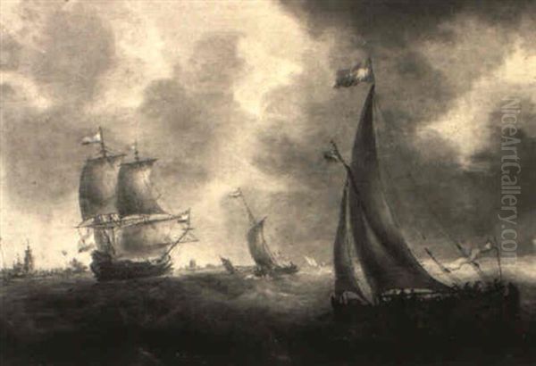 Dutch Frigates And Fishing Smacks Offshore In Stormy Waters - view 1