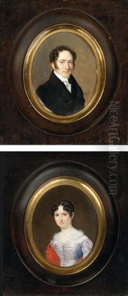 Portraits D'un Couple De Personnages, La Femme En Robe De Soie Lilas Bordee De Gaze, L'homme En Redingote Anthracite Et Portant Des Favoris (2 Works) - view 1