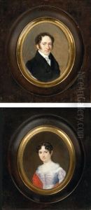 Portraits D'un Couple De Personnages, La Femme En Robe De Soie Lilas Bordee De Gaze, L'homme En Redingote Anthracite Et Portant Des Favoris (2 Works)