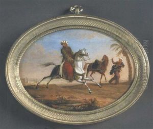 Ein Orientalischer Reiter Mit Turban Und Sabel Auf Einem Galoppierenden Schimmel