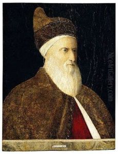 Portrait Of Doge Agostino Barbarigo Behind A Marble Parapet Wearing Robes Of Gold Brocade And The Ducal Cap by Gentile Bellini