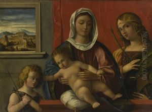The Madonna And Child With The Infant Saint John The Baptist And Saint Catherine Of Alexandria Behind A Ledge, A Window Onto A Landscape In The Background by Giovanni Bellini