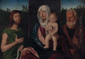 Madonna Mit Kind Und Vogelchen, Flankiert Vom Hl. Johannes Dem Taufer Mit Spruchband (ecce Agnus Dei Qui Tollis Peccata) Und Dem Hl. Joseph by Giovanni Bellini