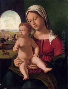 Maria Mit Kind, Im Hintergrund Blick In Hugelige Landschaft by Giovanni Bellini