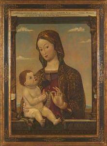 Madonna Mit Kind Hinter Einer Steinbrustung Vor Ausdehnter Landschaft
