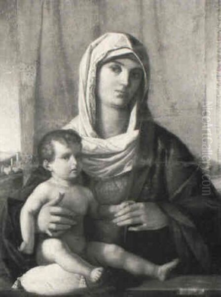 The Madonna And Child Seated Before A Red Curtain, A Landscape Beyond - view 1