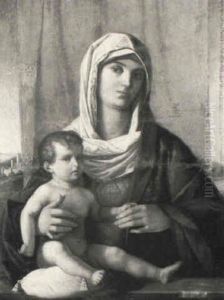 The Madonna And Child Seated Before A Red Curtain, A Landscape Beyond by Giovanni Bellini