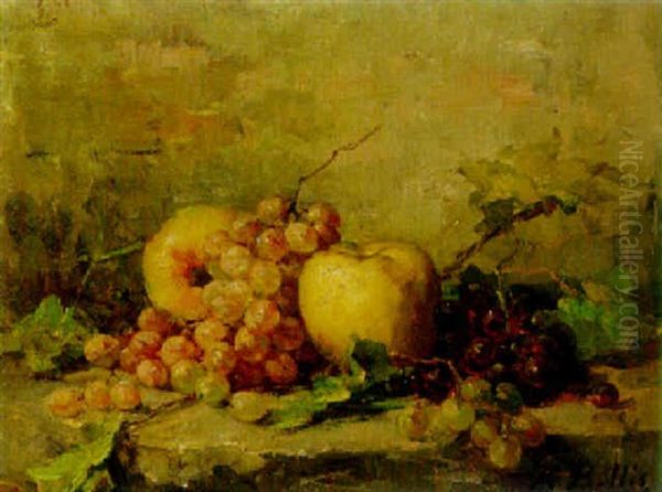 Apples And Grapes On A Stone Ledge - view 1