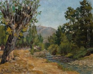 Paisaje Con Riachuelo Y Montanas Al Fondo by Felipe Bello Pinero