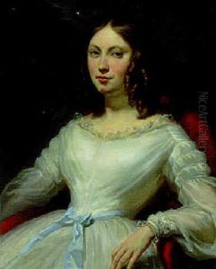 Portrait Of A Lady, Wearing A White Dress With Blue Sash