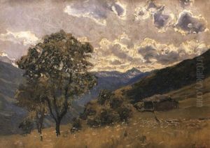 Paesaggio Alpestre Con Alberi A Sinistra E Baita A Destra by Giorgio Belloni