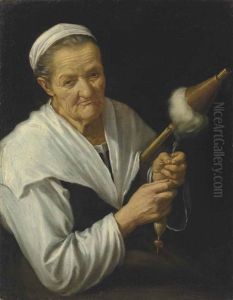 An Old Woman Spinning Thread