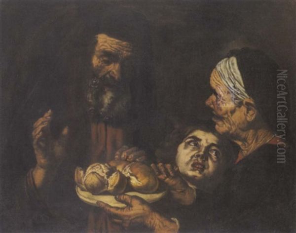 Genreszene: Eine Alte Baurin Reicht Einem Alten Mann Zwei Brote (scena Di Genere: Una Vecchia Contadina Porge Due Pagnotte Di Pane A Un Vecchio Con Barba) - view 1