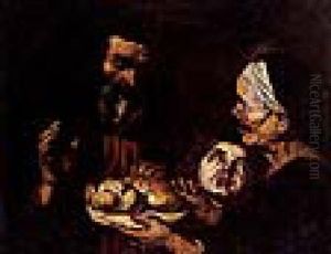 Scena Di Genere Con Una Vecchia Contadina Che, Alla Presenza Di Un Giovane Porge Un Piatto Con Due Pagnotte Di Pane A Un Vecchio