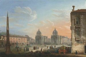 The Piazza Del Popolo, Rome, Looking Towards The Churches Of Santa Maria Di Montesanto And Santa Maria Dei Miracoli by Pietro Bellotti