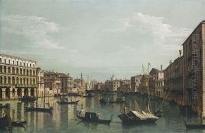 Venice, A View Of The Grand Canal Looking South From The Palazzo Foscari And Palazzo Moro-lin Towards The Church Of Santa Maria Della Carita, With Numerous Gondolas And Barges