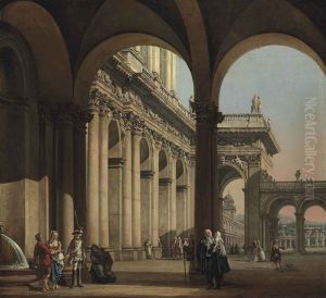 An Architectural Capriccio With Figures And A Soldier By A Pond, And Others In The Courtyard Beyond by Bernardo Bellotto