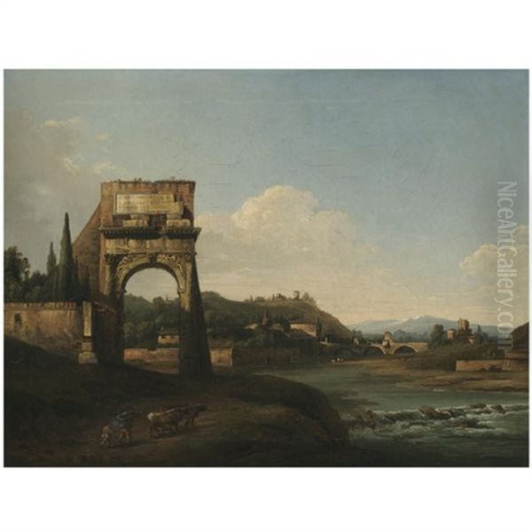A River Landscape With A Ruined Classical Arch And A Herder And His Cattle In The Foreground - view 1