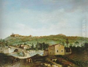 Fluslandschaft Mit Einer Brucke, Im Hintergrund Eine Stadt by Bernardo Bellotto