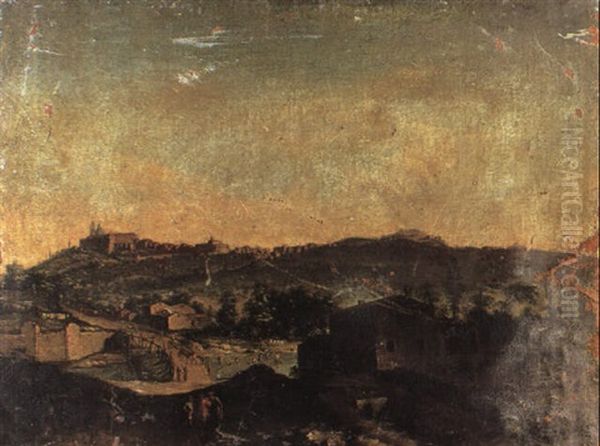 Figures In A Chaise Crossing A Bridge Below A Hill Town - view 1