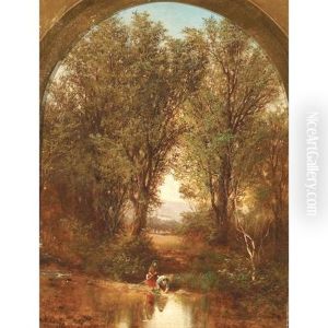 Two Women Along The Bank Of A River With A Town In The Distance