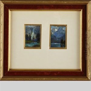 Miniature Landscapes: Takaka Falls, Yoho Valley; Mount Fitzwilliam, Yellowhead Pass, B.c. (2 Works In 1 Frame) by Frederic Marlett Bell-Smith