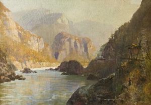 Train Passing Through The Fraser Canyon Near An Indian Fishing Place
