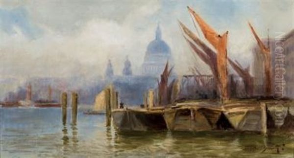 Boats Moored On The Thames, St. Paul's In The Distance - view 1