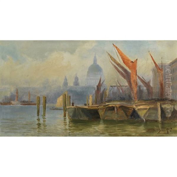Boats Moored On The Thames, St. Paul's In The Distance - view 1