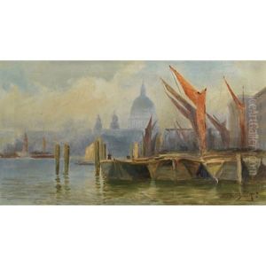 Boats Moored On The Thames, St. Paul's In The Distance