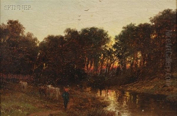 Herder At A Pond At Sunset - view 1