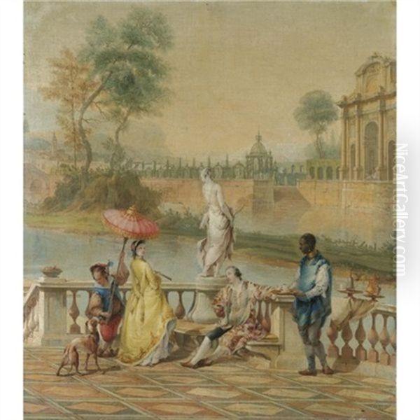 An Elegant Company On A Classical Terrace, A View Of A Church And A Cemetery Beyond - view 1