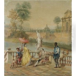 An Elegant Company On A Classical Terrace, A View Of A Church And A Cemetery Beyond An Elegant Company On A Classical Terrace, A View Of A Church And A Cemetery Beyond