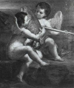 Two Putti In A Landscape Holding A Bishop's Mitre And A Lance Two Putti In A Landscape Holding A Bishop's Mitre And A Lance