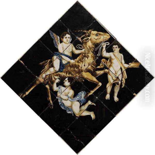 Pannello Con Piastrelle A Fondo Nero Raffigurante Montone Con Putti - view 1