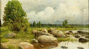 Blick Uber Ein Mit Grosen Findlingen Belegtes Flussufer In Eine Weite Russische Landschaft Vor Dramatischer Wolkenstimmung by Fedor Vasilevich Belousov