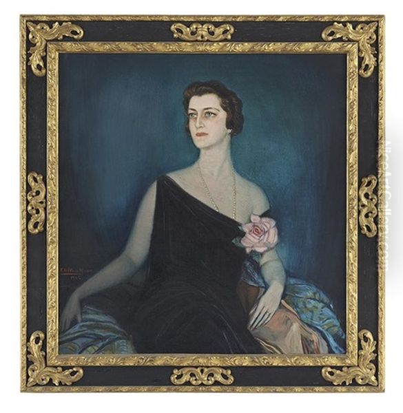 Portrait Of A Woman In A Black Evening Dress With A Pink Rose - view 1