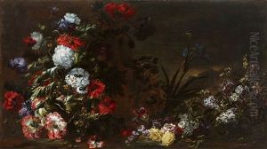 Large Floral Still Life With Peonies, Parrot Tulips, Mallow, Larkspur, Iris, And Nasturtiums