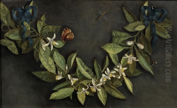 Orange Blossom Garland With Beetles And Butterflies, Suspended On Two Blue Ribbons - view 1