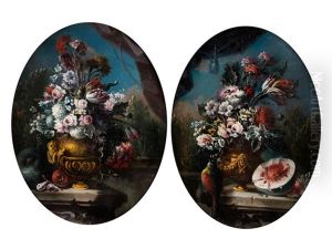 Blumenstillleben Mit Fruchten Und Buntem Vogel
