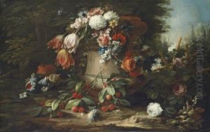 Roses, Tulips, Carnations And Other Flowers In A Stone Urn by Andrea Belvedere