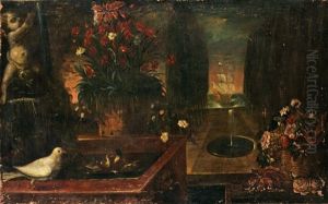 Stilleben Med Blommor Och Faglar Vid En Fontan by Andrea Belvedere