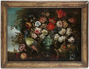 Stilleben Med Blommor Och Pafagel