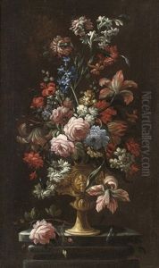 Roses, Carnations, Parrot Tulips, Narcissi And Other Flowers by Andrea Belvedere