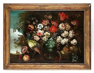 Stilleben Med Blommor, Urnor Och Fagel