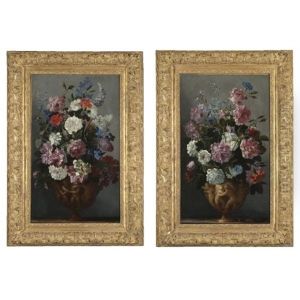A Still Life Of Peonies, Roses, Carnations, Morning Glory, Hyacinths And Other Flowers In A Sculpted Vase (+ A Still Life Of Peonies, Roses, Carnations, Bluebells And Other Flowers In A Sculpted Vase; by Andrea Belvedere